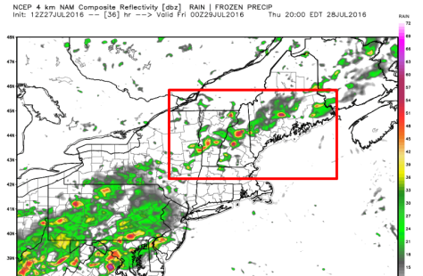 12Z 4kNAM Showing Scattered Storms Tomorrow Afternoon. Image Credit: Weatherbell